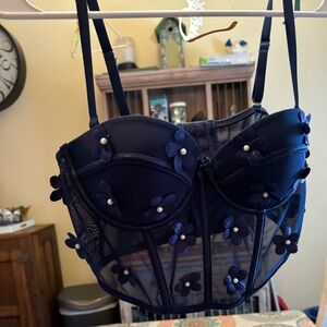 Navy blue corset top with flowers and pearls. Size medium
